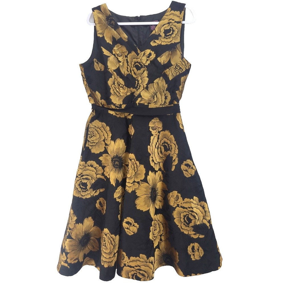 Signature by Robbie Bee Dress Elegant Gold Metallic Jaquard Sz 16 Fit & Flare